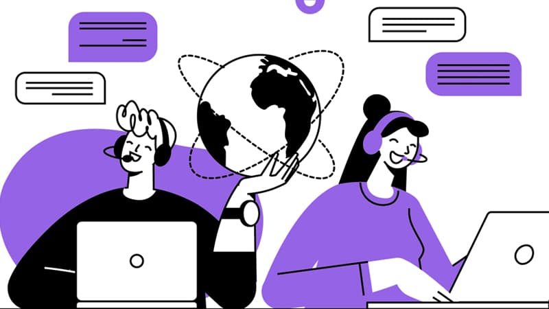 Two tech support agents on laptops, with iconography suggesting global chat conversations