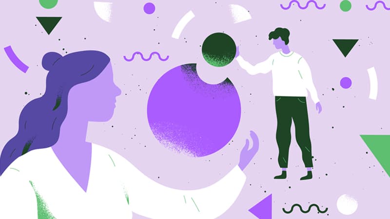 Illustration of two people combining shapes meant to symbolize the sharing of information that happens in knowledge management