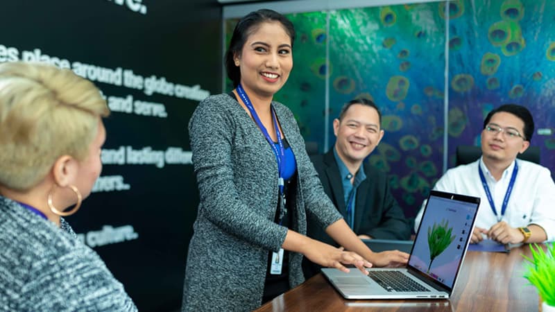 Photograph of TELUS Digital team members collaborating in a meeting room