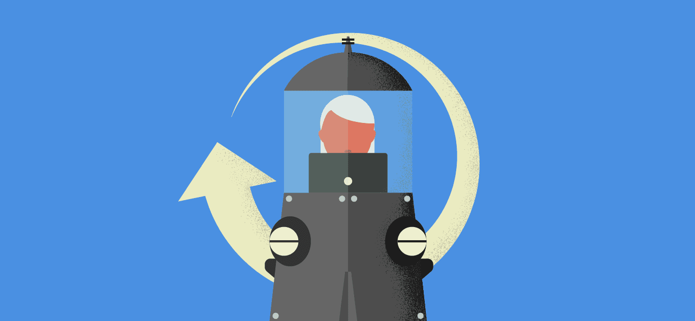 Cartoon of a human working on a computer with an arrow in the background used to symbolize a cycle