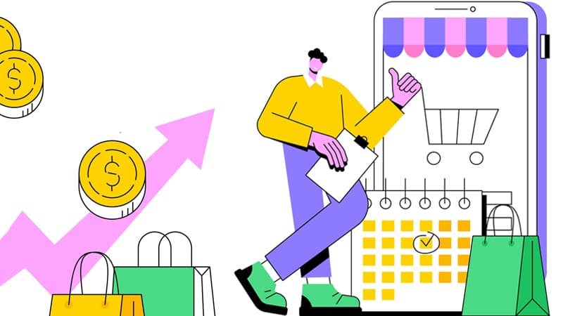 Illustration of person and various items meant to convey buy now, pay later services