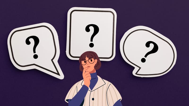 customer considering her options with questions marks around her head