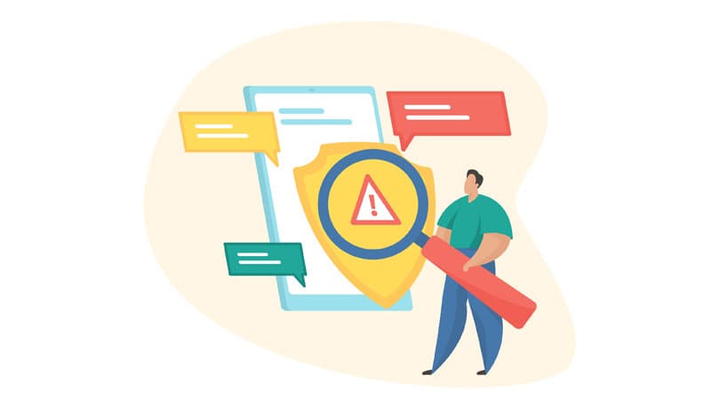 Male cartoon character with a magnifying glass examines messages on the smartphone screen as part of content moderation process