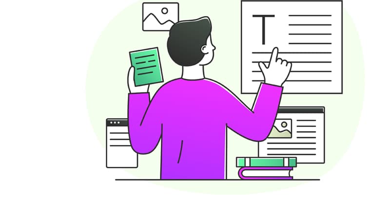 Cartoon of human looking at various documents and texts