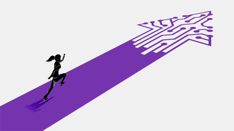 Illustration of a female running up a pathway shaped like an arrow.