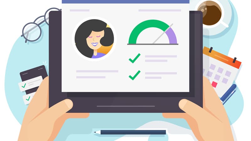 Illustration of hands holding a tablet that depicts a rating score