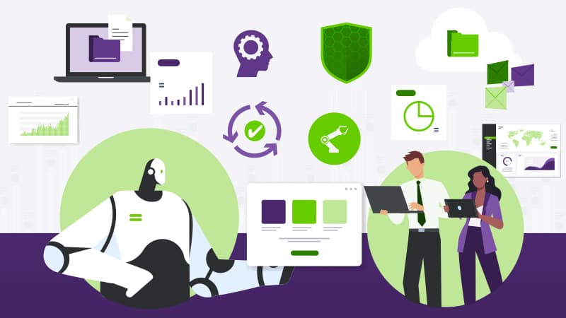 Image of a robot and two people working on laptops