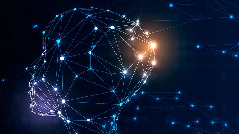 Illustration of a human head covered in dots connected by lines, symbolizing neural connections.