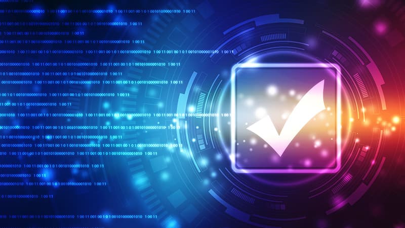 A large checkmark overlaid on binary code.