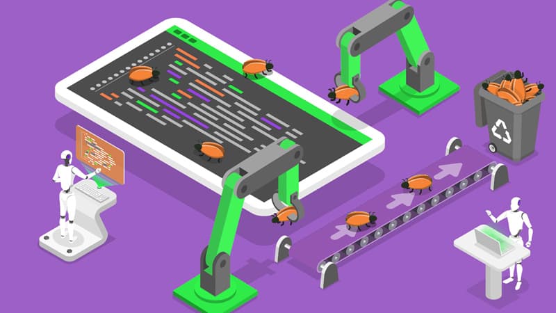 Illustration of an assembly line with bugs being removed from computer code via automated arms, meant to symbolize quality assurance in AI training data