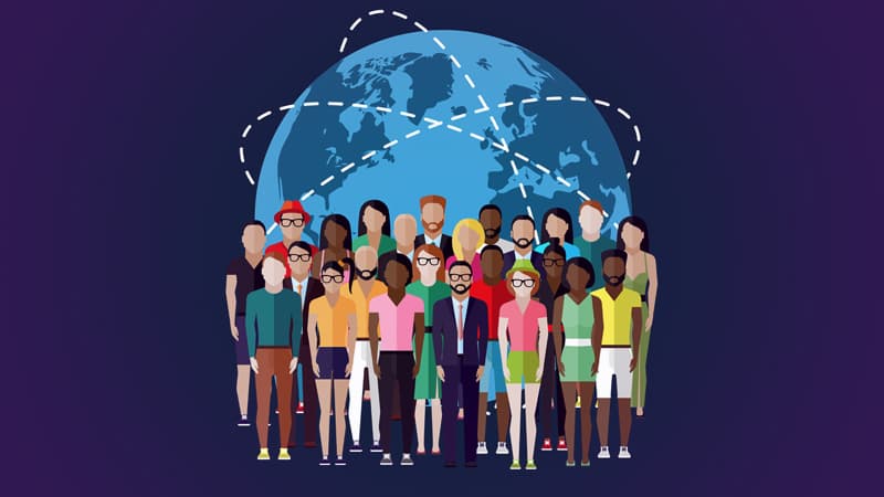 Illustration of a diverse group of people standing in front of a globe, meant to symbolize impact sourcing