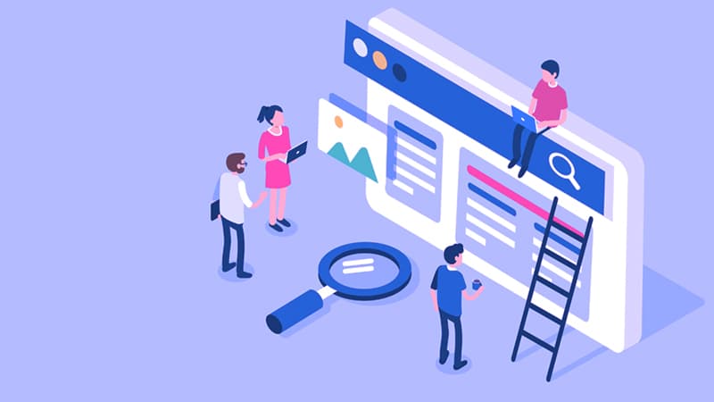 Illustration of people interacting with a larger-than-life search interface