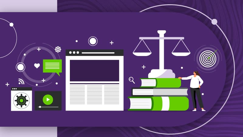 Illustration of books, a scale, a person and various other items meant to symbolize content moderation regulation and legislation
