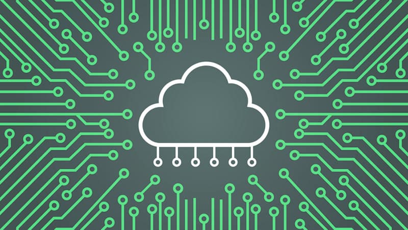 Cloud icon with supporting elements meant to convey cloud technology