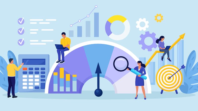 Illustration of a group of people working on laptops, a calculator and holding an oversized magnifying glass with various charts in the background.
