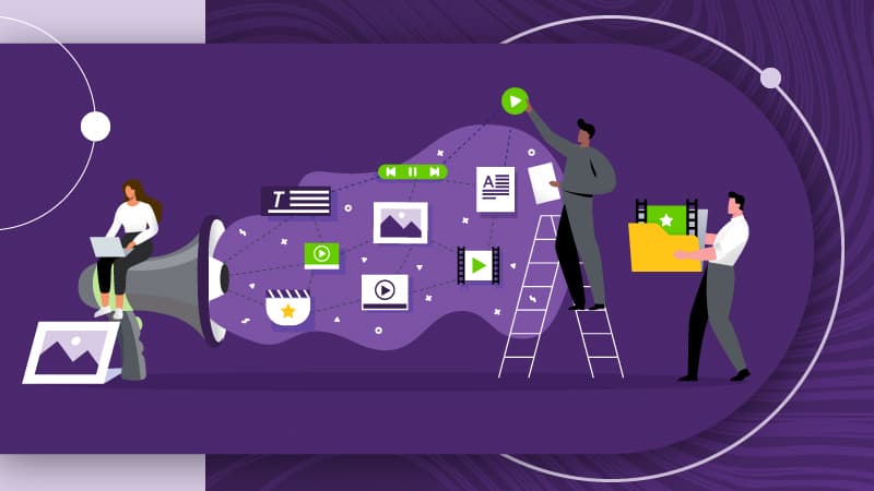 Illustration symbolizing the evolving nature of user generated content, featuring a megaphone emitting numerous types of media