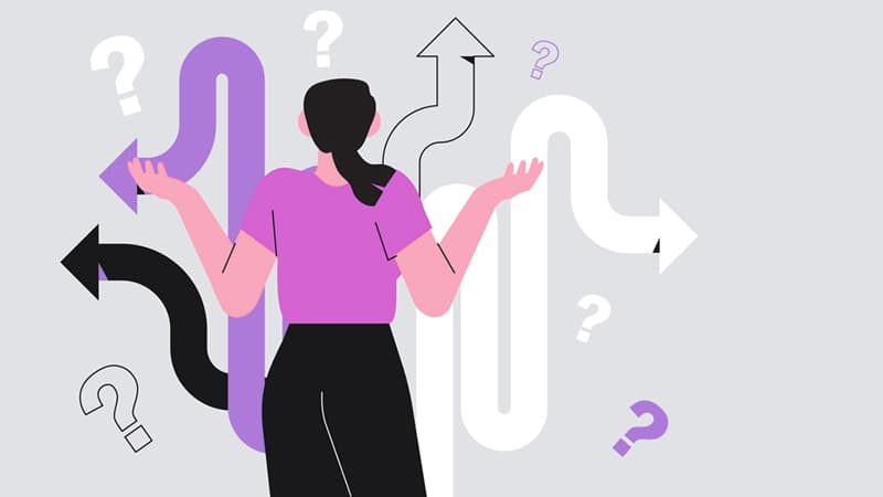 Illustration of a person with arms raised, suggesting uncertainty, and floating iconography meant to convey choices (different arrows and question marks).