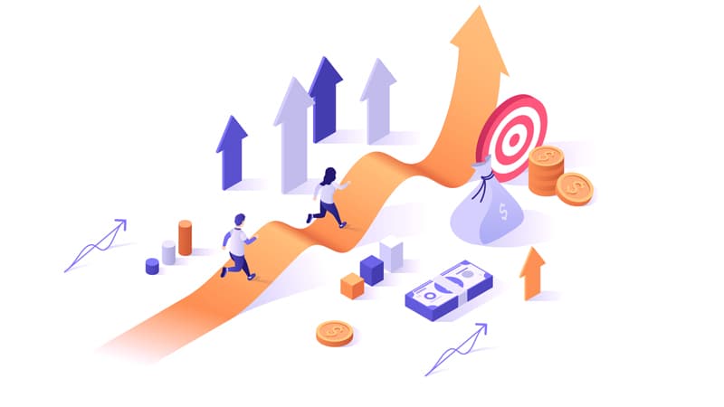Illustration of two people running along an arrow with an upwards trajectory, accompanied by various financial symbols representing revenue