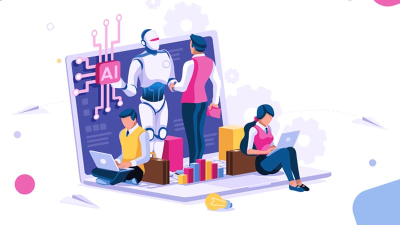 Robot and humans positioned on a laptop computer with robot shaking a person's hand and other people working on laptops