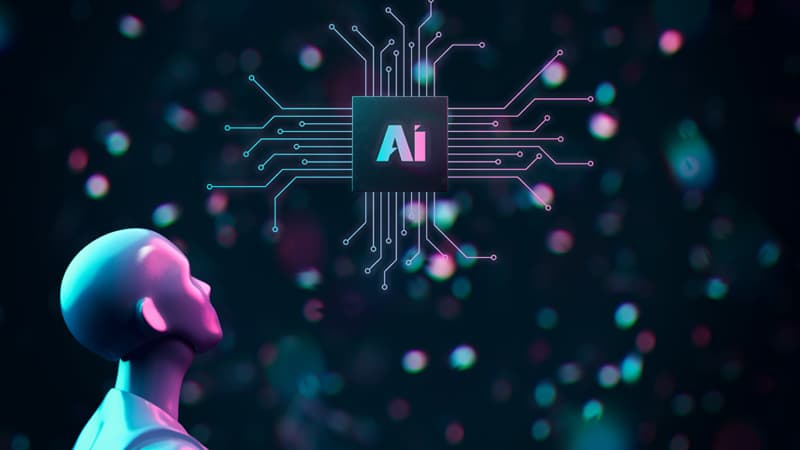 Model of a human pondering while looking at the word "AI" meant to symbolize consumer sentiment on generative AI training data