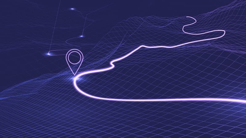 3D technology grid featuring a charted path and location pins