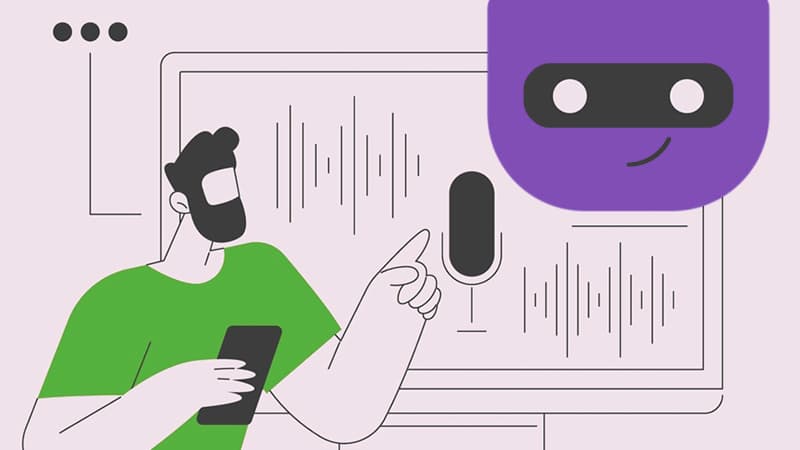 Illustration of a person speaking into a microphone with a smiling robot listening, meant to symbolize natural language processing