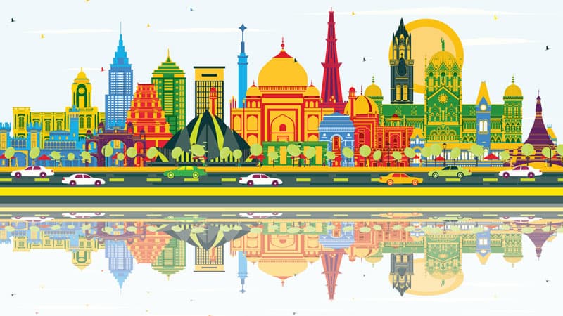 India city skyline with colorful buildings, blue sky and reflections.