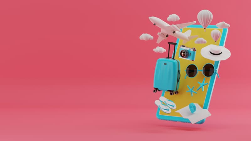 Mobile phone behind an airplane, clouds, a hot air balloon, luggage, a camera, a hat, glasses, starfish, sandals and a map