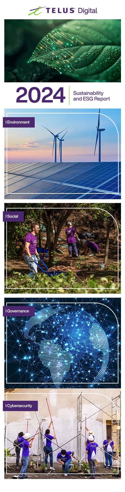 A grid of five images representing the 2024 Sustainability and ESG Report. The first image, which takes up the left half of the grid, shows the cover of the report featuring a green plant leaf with an illustration of connected digital circuits covering the bottom half of the leaf. The other half of the grid includes four images described starting counterclockwise from top left: The first is titled, ‘Environment,’ and shows solar energy windmills and panels; the next is titled, ‘Social,’ and shows two people planting a garden, the next image is titled, ‘Cybersecurity,’ and shows a person giving a speech, and the final image is titled, ‘Governance,’ and shows an illustration of the earth connected by digital circuits.