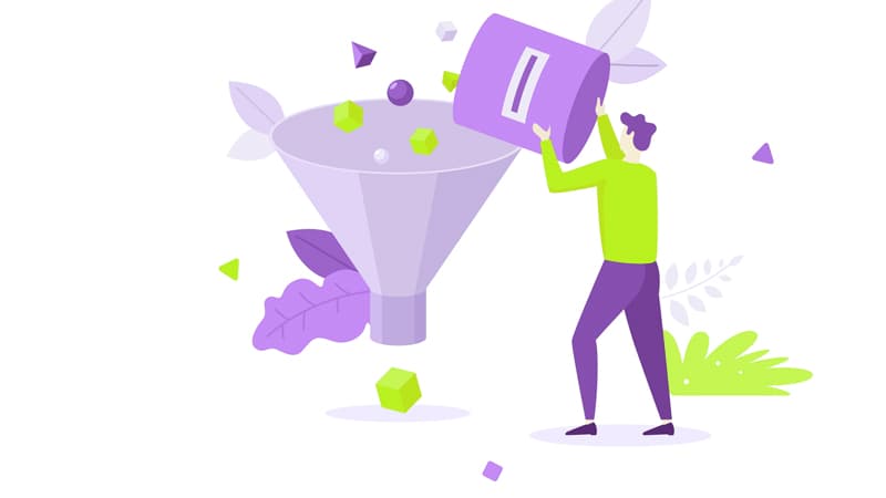 Illustration of person pouring shapes into a filter, meant to represent data filtering