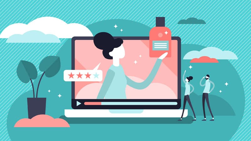 Ad evaluation concept with computer showing woman holding bottle and two people reviewing