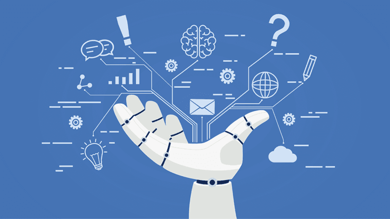 Cartoon of robot opened robot hand with many icons stemming from it, including a brain, an envelope, a lightbulb, a cloud and more