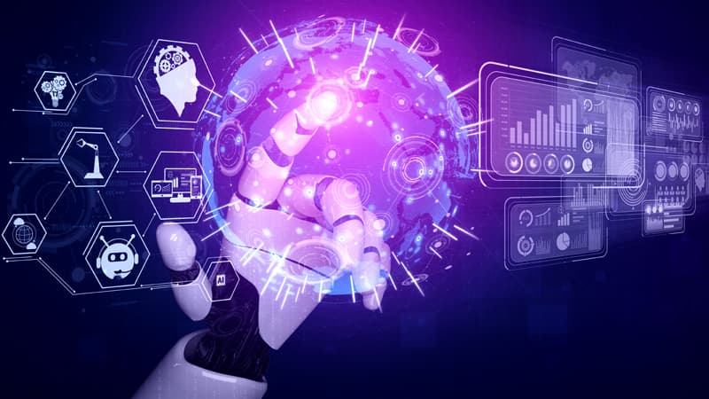 Robotic hand interacting with an interface meant to represent artificial intelligence