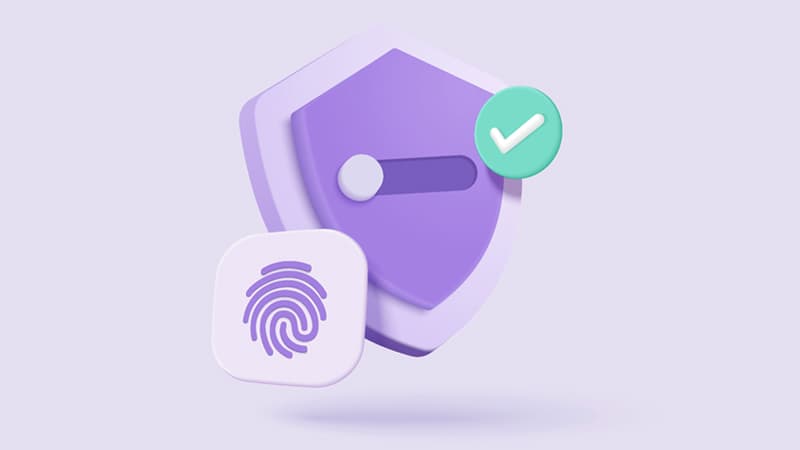3D illustration of various symbols conveying online security, including a finger print and a shield